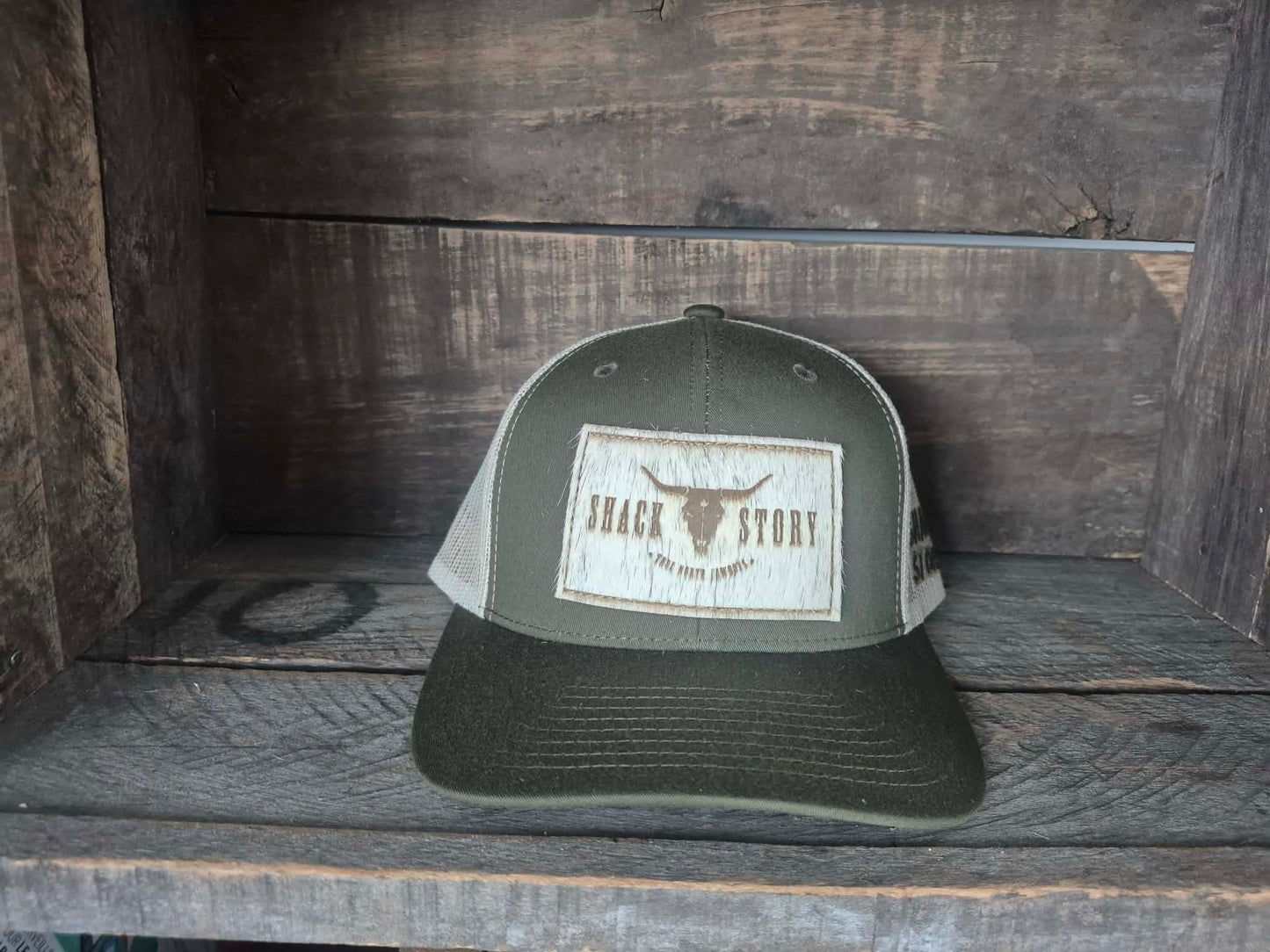 Cap | Shack Story Cowhide Laser Patch rectangle | GREEN AND BEIGE