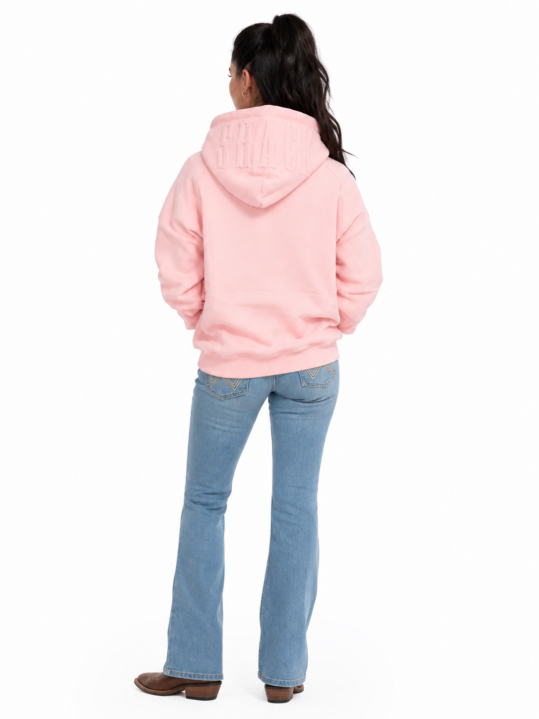 Back view of the Shack Story Embossed Skull dusty rose hoodie with tonal hood detail