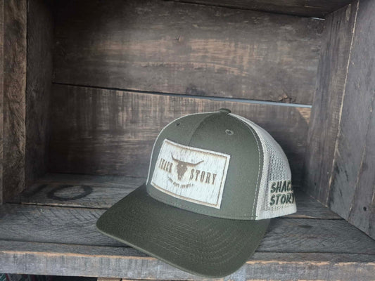 Cap | Shack Story Cowhide Laser Patch rectangle | GREEN AND BEIGE