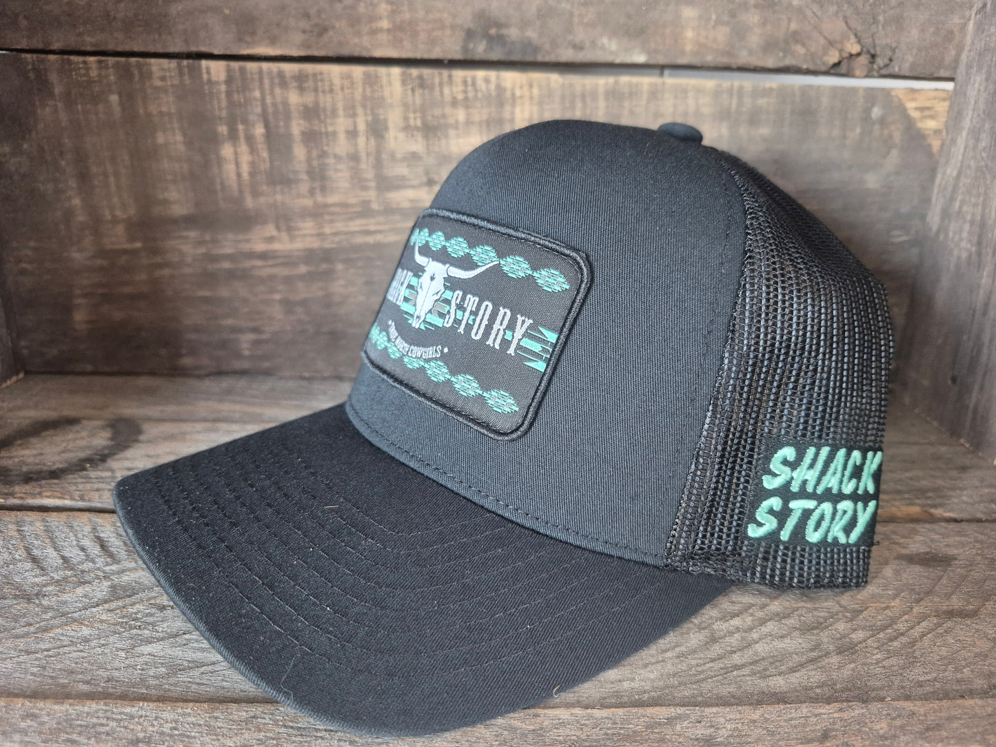Cap Ponytail | Turquoise Aztec Patch | Black