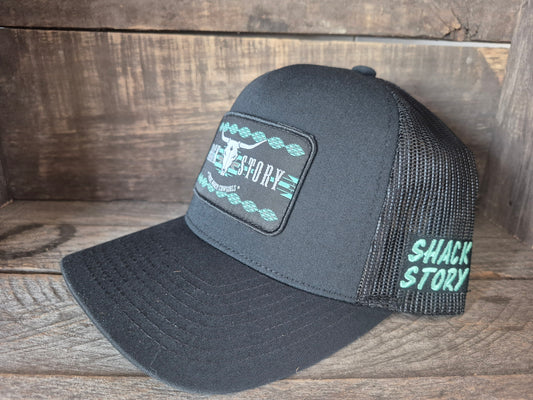 Cap Ponytail | Turquoise Aztec Patch | Black